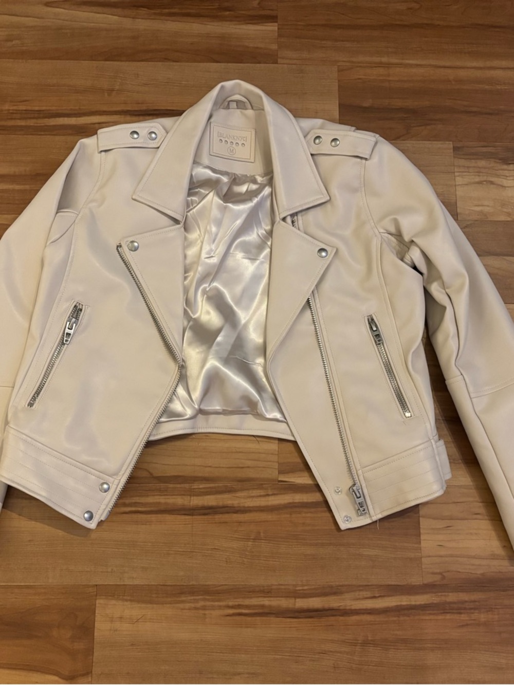 Blank NYC Off-White Vegan Leather Moto Jacket